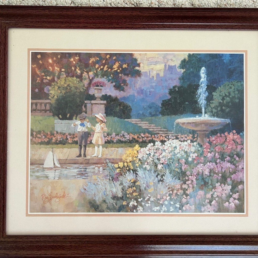 Framed Floral Print with Sailboat and child